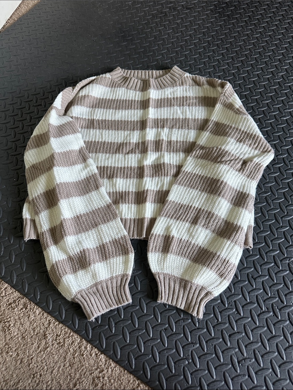 SHEIN Cropped Striped Crewneck Sweater in Cream & Brown